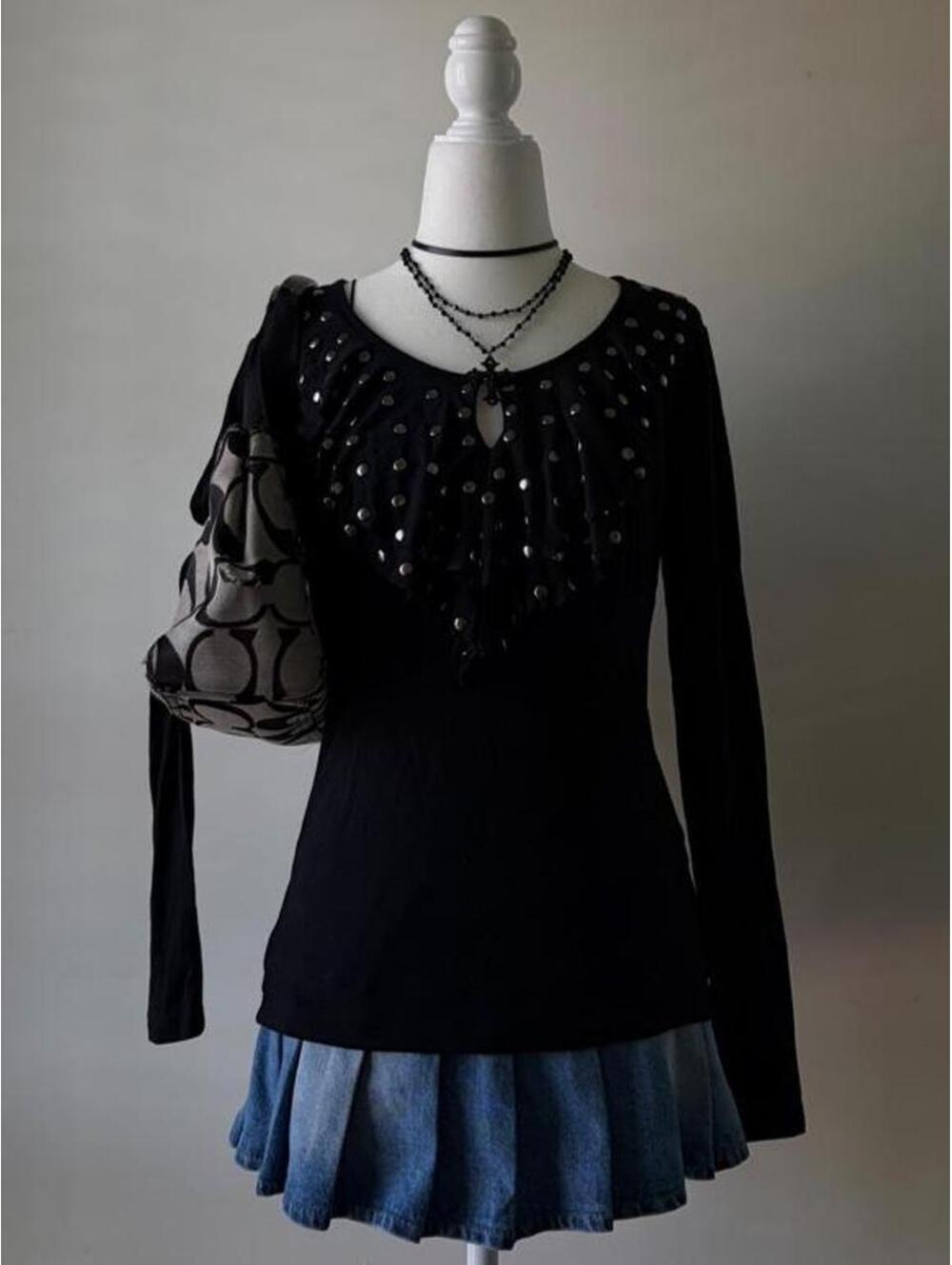 Y2K Alberto Makali Black Studded Ruffle Top ♡ Emo Glam Moto Coquette Long Sleeve